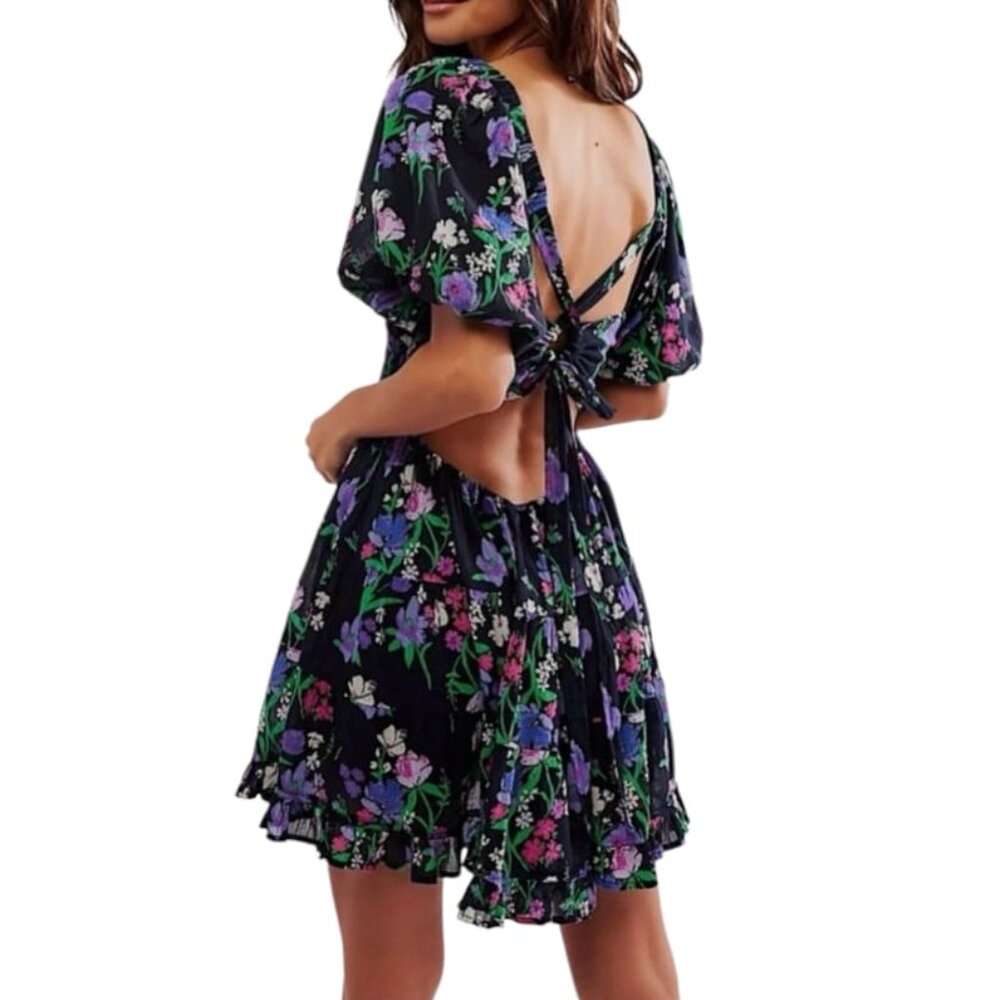 Free People Perfect Day Printed Dress‎ Floral Smocked Puff Sleeve Tie Back New S
